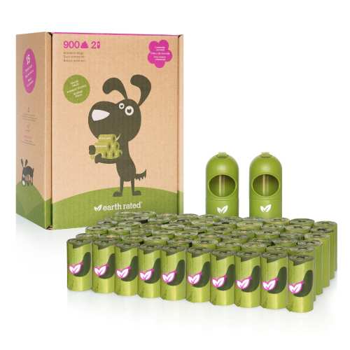 Earth Rated Dog Poop Bag Holder with Lavender Leakproof Dog Poop Bags, 1 Dispenser and 900 Bags on 60 Single Refill Rolls