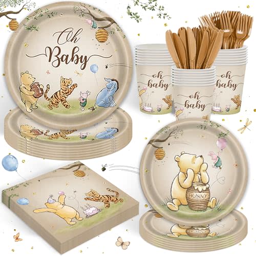 120PCS Vintage Bear Party Supplies for Kids Brown Birthday Party Set Baby Shower Bear Decorations Plates Napkin Cups Tableware Set for 20 Guests