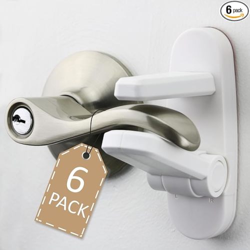 Door Lever Lock (6 Pack) Prevents Toddlers from Opening Doors. 3.25" L * 1.5" W * 4.5" H Easy One Hand Operation for Adults. Durable ABS with 3M Adhesive Backing. Simple Install, No Tools Needed.