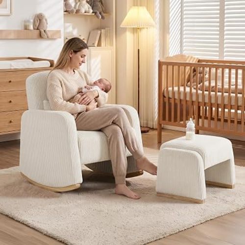 Rocking Chair with Ottoman, Corduroy Nursery Glider Rocker with High Backrest, Accent Reading Chair for Adult,Bedroom,Living Room,Offices,Beige
