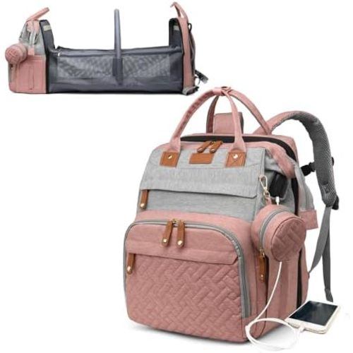Baby Diaper Bags with Changing Station, Waterproof Diaper Bag Backpack for Moms Dads with USB Charging Port, Baby Shower Gifts, Large Capacity diaper backpack,Pink Grey