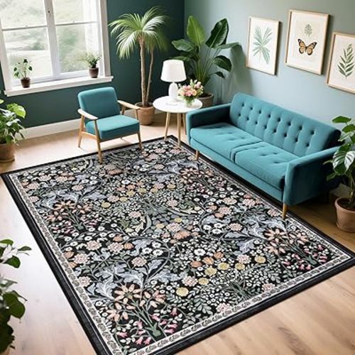 PLHXFR Area Rug Living Room: 5x7 Floral Washable Boho Carpet Dark Black