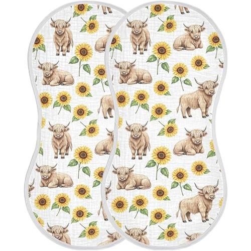 2 Pack Muslin Burp Cloths Highland Cow Flowers Cotton Baby Burp Cloths Extra Absorbent and Soft Thick Burping Cloth for Newborn Must Haves 22x11 Inch