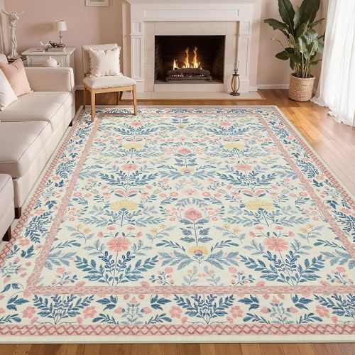 Joydeco Boho Floral Light Pink 5x7 Area Rugs for Bedroom Girls Playroom, Machine Washable Kids Room Nursery Rug Non Slip, Soft Indoor Floor Carpet for Living Room Dorm Classroom