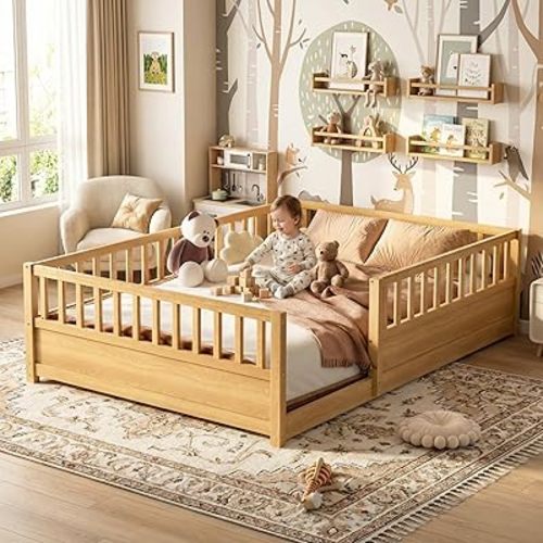 Montessori Floor Bed with High Rails, Full Size Floor Beds with Slats for Girls Boys, Solid Wood Low to Ground Crib Transition Bed for Kids Sleep, Play & Reading,Natural