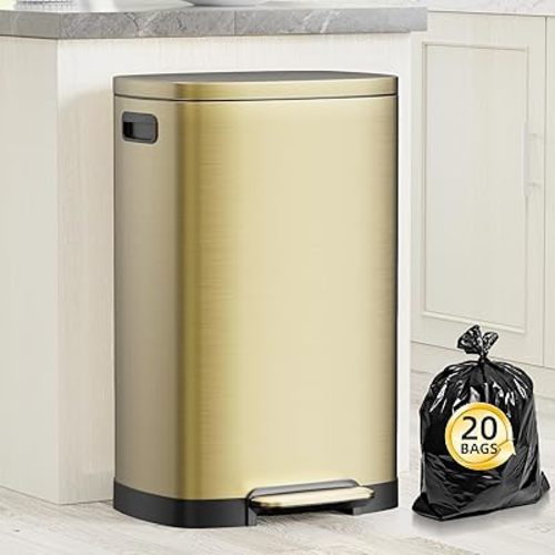 13 Gallon Trash Can with Lid, 50L Fingerprint Proof Stainless Steel Kitchen Trash Can with Removable Inner Bucket and Lid Soft Close, Pedal Rubbish Bin for Home Office, Gold