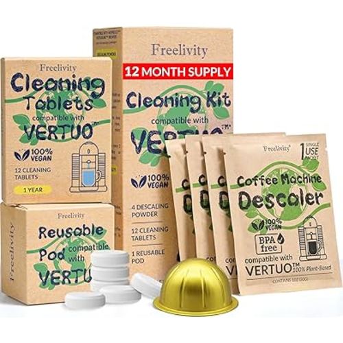 Nespresso Compatible Vertuo Cleaning & Descaling Kit – 1 Year Supply. Includes 4 Descaling Powder Solution, 12 Cleaning Tablets, 1 Reusable Pod, Eco-Friendly Vertuoline Maintenance Kit