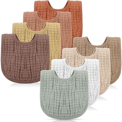 Frienda 8 Pcs Muslin Baby Bibs Cotton Bandana Drool Bibs Bulk for Newborn Infant 6 Absorbent Layers Feeding Accessory