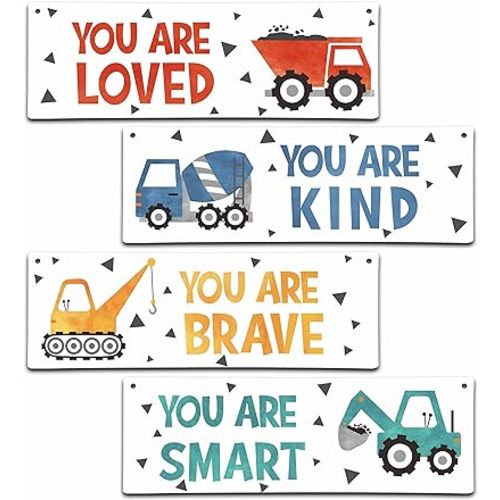 4 Pieces Construction Vehicles Decor Kids Room Wall Decor Wooden Sign - Motivational Wall Art For Kids Room Nursery Playroom Classroom(Sign-01)