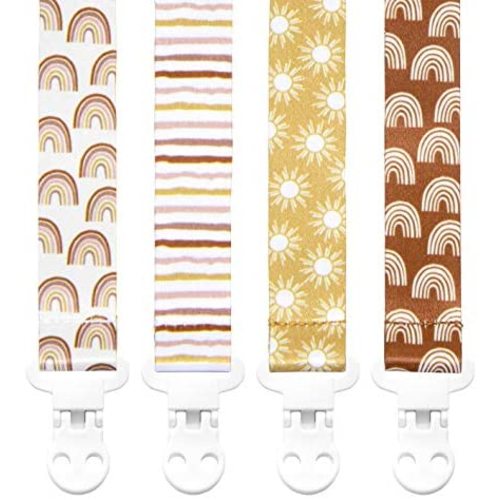 Stadela Baby Pacifier Clip Leash Soothie Teething Ring and Teether Toy Holder Unisex for Boy or Girl 4 Pack Baby Shower Birthday Gift Set Rainbows Sun Stripes (Boho Baby)
