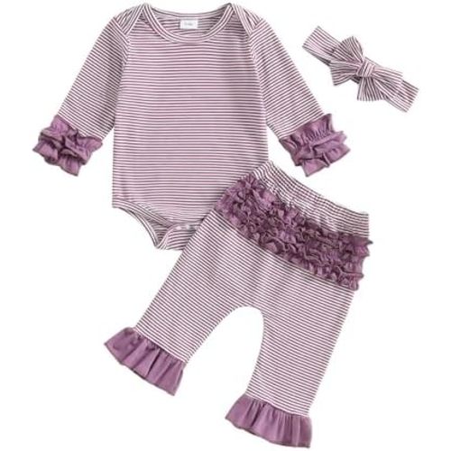 Newborn Baby Girl Clothes Ruffles Striped Long Sleeve Romper Bodysuit Elastic Pants Set Cute Fall Winter Outfits