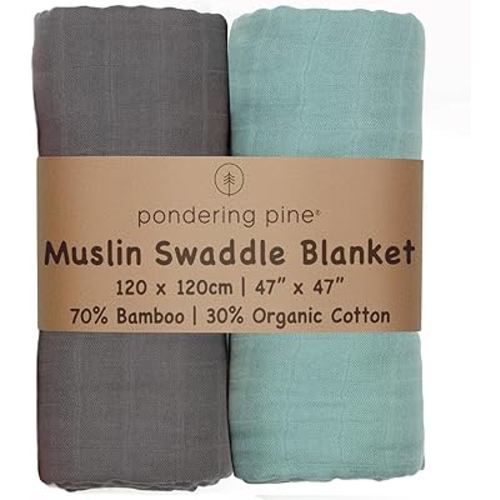 Organic Baby Muslin Swaddle Blankets - Solid Grey and Blue Swaddle Blanket 2 Pack - Soft Organic Cotton and Natural Bamboo Muslin, XLarge and Breathable, 47" X 47"