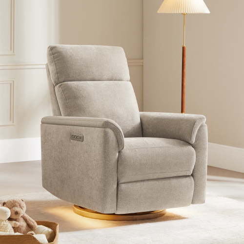 Spruce & Spring 270° Swivel Power Recliner with Nightlight for Nursery and Living Room, Khaki