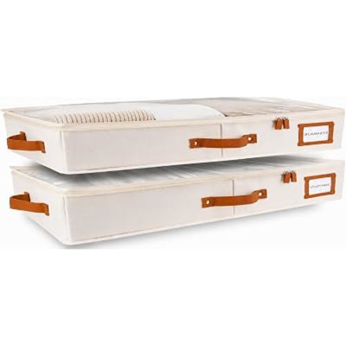 HOMELUX THEORY 2pc Low Profile Under Bed Storage Containers, Thin Under Couch Storage Organizer with Bins & Lids, Underbed Storage Box Ideal for Seasonal Clothes, Blankets, Fabric & Shoes (Ivory)