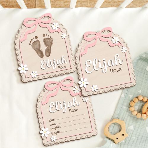 Baby Announcement Sign, Custom Pink Bow Baby Shower Gift, Newborn Gift, Baby Girl Name Sign, Birth Stats Sign, Nursery, Hospital Birth Sign