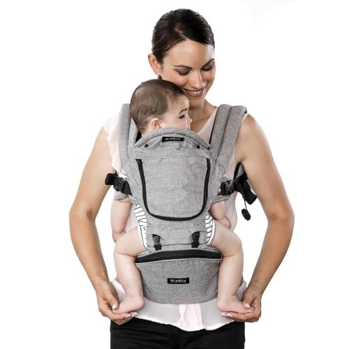 MiaMily Ergonomic Hip Seat Baby Carrier, 6 Carry Positions, Newborn to Toddler, Lumbar Support, Adjustable Waist Belt, Hipster Plus, Stone Grey