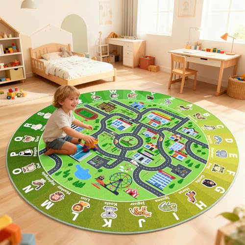 Kids City Road Car Play Rug Round ABC Alphabet Educational Play Mat,47x47'' Non-Slip Town City Map Kids Rug for Bedroom & Playroom Car Play Carpet Track Road Rugs Washable