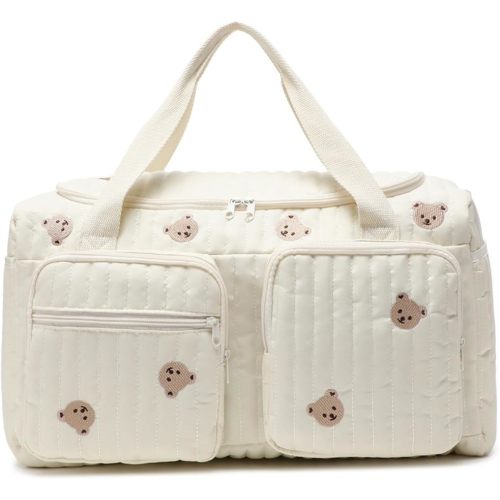 Quilted Diaper Bag, Teddy Bear Pattern Cute Duffle Bag Portable & Lightweight for Hospital and Weekender Travel, 18.9x8.7x10.2in