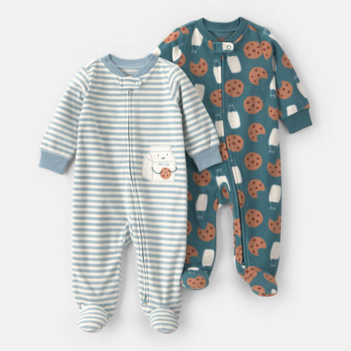 Baby Boy 2-Pack Milk & Cookies Striped Fleece 2-Way Zip Sleepers- Green/Blue | Carter’s Oshkosh Canada