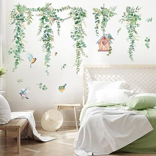 Garden Themed Wall Decals, Removable Hanging Vine Greenery Wall Stickers with Birds, Leaves, Birdcage for Living Room, Bedroom, Office
