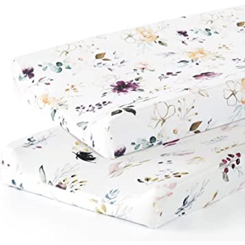GRSSDER Stretch Ultra Soft Jersey Knit Changing Pad Cover Set 2 Pack,Change Table Pad Covers Fit 32"/34" x 16" Pads Safe and Snug,Watercolor Pretty Purple Flora for Girls