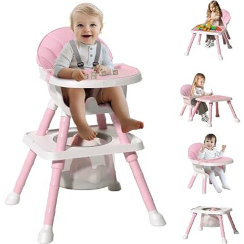 UNICOO 7 in 1 Convertible Baby High Chair, Toddler Highchair Converts to Activity Table and Chair Set, Removable Double Tray, 5-Point Harness, Storage Basket, Building Block Tabletop (Pink)