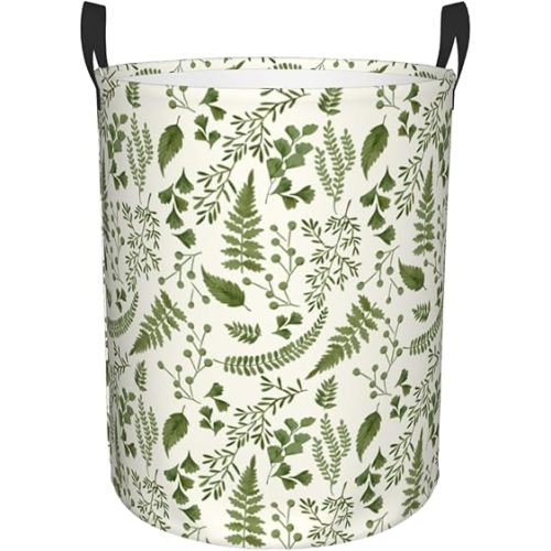 Green Leaf Laundry Basket Foldable Laundry Hamper With Handles Waterproof Oxford Cloth Large Clothes Storage Bucket Toy Organizer For Bathroom Bedroom Dormitory Nursery 19.6 x15.7 In