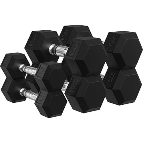 Signature Fitness Rubber Encased Hex Dumbbells with Optional Rack, 10 15 20LB Pairs and 5, 10 and 15 Pairs Weight Sets for Home Gym