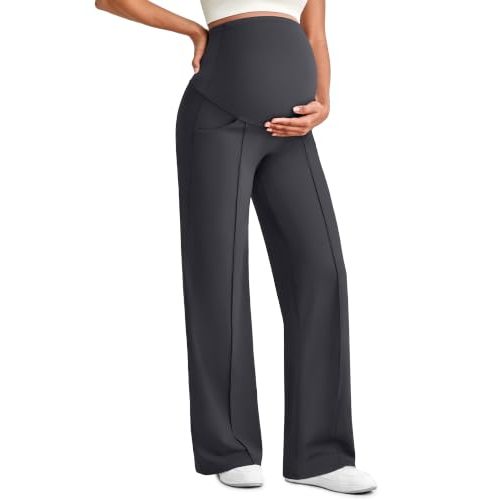 G4Free EverGoing Maternity Dress Pants Pregnancy Trousers Over the Belly | Front Seam,Two Side Pockets,Wide Leg,Sleek Soft,Slightly Brushed,Full Belly Coverage,for Work Casual Wear