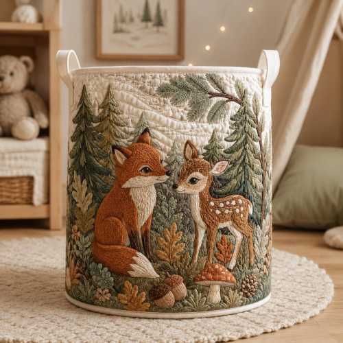 Woodland Quilted Laundry Basket, Fox Deer Storage Hamper for Kids, Forest Nursery Decor, Baby Shower Gift, Toy & Blanket Organizer