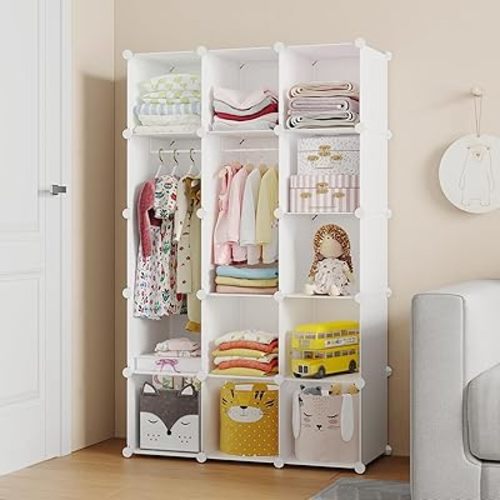 Portable Baby Wardrobe, Modular Kids Dresser,Children Nursery Closet Organizer, 15 Cubes with Hanging Rods,Bedroom,Boys and Girls Storage Shelf, Armoire Clothes Cubby(White)