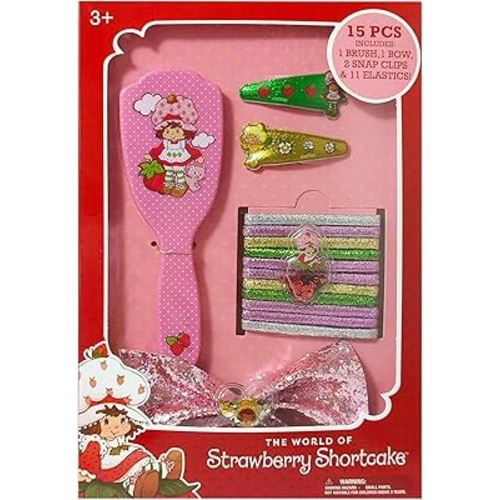 LUV HER Girls' 15-Piece Hair Accessories Set – Strawberry Shortcake-Themed Brush, Bow, PVC Snap Clips & Lurex Elastics – Fun & Practical Hair Set for Kids Ages 3+