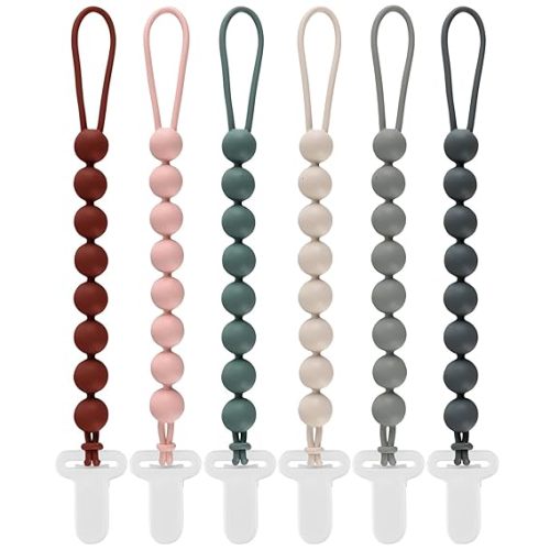 6-Pack Silicone Pacifier Clips for Babies, Safe Teething Beads, Rust-Free Holders, Baby Boy and Girl Essentials, Newborn Must-Have Accessories, BPA-Free