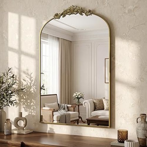 Arched Wall Mirror, 24" x 36" Vintage Carved Bathroom Mirror with Antique Bronze Aluminum Frame, Retro Decorative Wall Mirror for Bedroom, Living Room, Entryway, Fireplace & Hallway