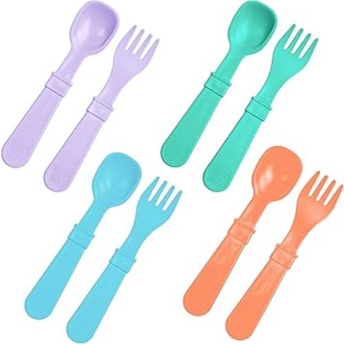 Re-Play Toddler Forks and Spoons Set - 4x4 Utensils Set for Kids - Dishwasher and Microwave Safe - Made in USA - Set of 8-5.8" x 1.2" x 0.2" - Bubble Pop