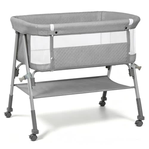 3-in-1 Baby Bassinet Bedside Sleeper for Newborn, Baby Crib Grey | Bedside Bassinet with Breathable Mesh, Portable, 4- Adjustable Height, Mattress, Storage Basket & Lockable Wheels, CPSC