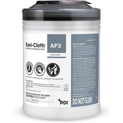 Sani-Cloth AF3, Surface Disinfecting Wipes, Fragrance Free, Alcohol-Free, Large Canister, 160 Wipes
