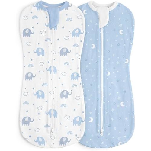 Baby Swaddle 0-2 Months, Cotton Arm-In Zipper Sleep Sack, Wearable Blankets Wrap for Newborn Infant Girls, Boys (Elephant, Star Moon, Pack of 2)