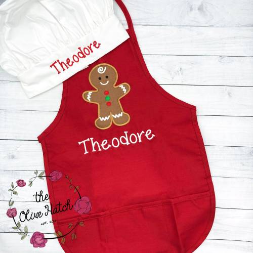 Christmas Children's Apron: Gingerbread Applique, Personalized Chef Hat Option