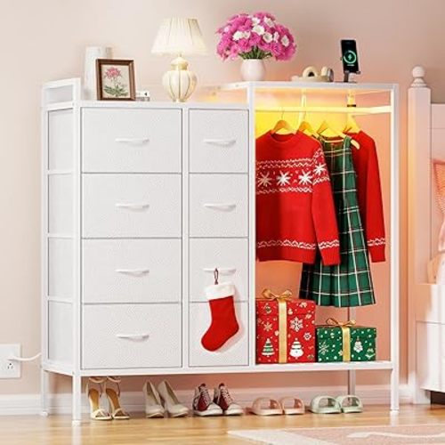 Dresser with Hanging Rack, 8-Drawer Dresser for Bedroom with Charging Station & LED Lights, Kids Dressers with Shoe Rack, Chest of Drawers with Wooden Top for Bedroom, Kids Room, White, 11.8"D