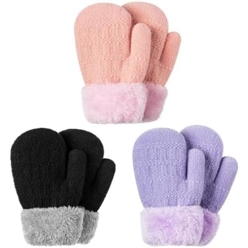 Winter Mittens Gloves Beanie Hat Set for Kids Baby Toddler Children, Thick Warm Knit Fleece Lined Thermal Set for Boys Girls