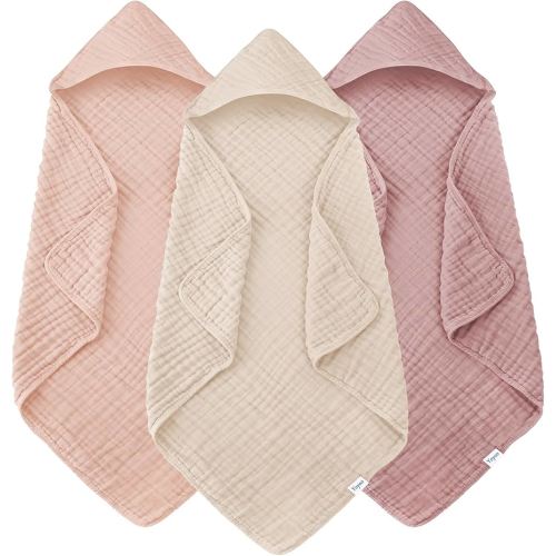 Muslin Hooded Baby Bath Towels - 3 Pack 100% Cotton Ultra-Soft Towels for Newborns, Infants, Toddlers - 32x32 Inch - Highly Absorbent, Quick-Dry Essentials for Bath Time, Beach, Pool, Neutral Series