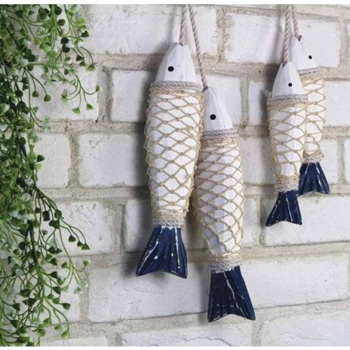 2 Wood Fish with Netting for Nautical Coastal Theme Decor Beach House Aesthetic Lake House Aesthetic Fisherman Cabin Decor Nursery Decor