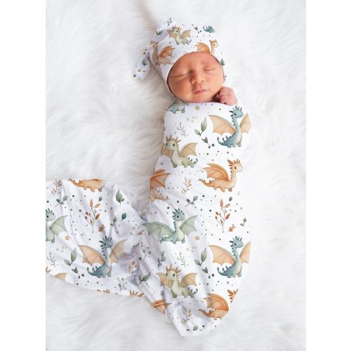 Dragon Baby Boy Blanket, Boy Swaddle Set, Knot Cap Beanie, Newborn Photo Prop, Baby Shower Gift, Coming Home Outfit, Hospital Blanket