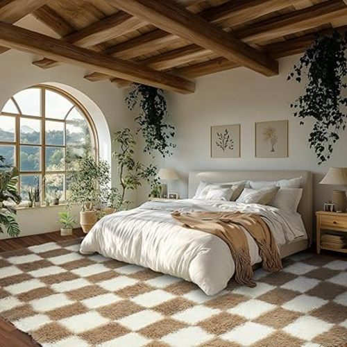 Ecoshag Soft Rugs for Living Room, 5x7 Ft Beige and White Checkered Fluffy Shaggy Rugs for Indoor Use, High Pile Ultra Fuzzy Rug for Bedroom Kids Nursery Rooms,Home Decor Aesthetic