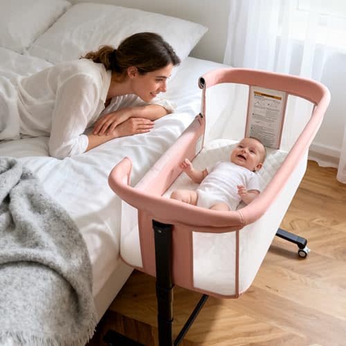 Kinder King Baby Bassinet Bedside Sleeper, Newborn Baby Bedside Crib w/Wheels, All-Sided Mesh, Adjustable Height, Removable Soft Mattress, No Tool to Assemble, Pink