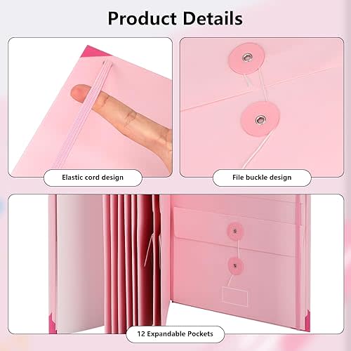 Document Organizer, File Folder with Labels and Pockets, Expanding Storage Folder for Important Papers, Emergency Binder, Birth Certificates and Letters, Ideal for Home Files Organization (Pink)
