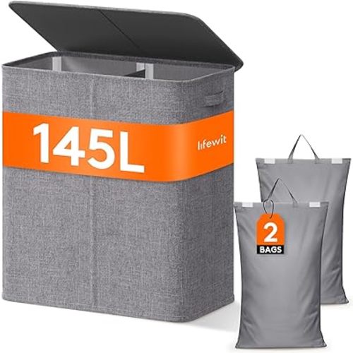Lifewit Double Laundry Hamper with Lid and Removable Laundry Bags, Large Collapsible 2 Dividers Dirty Clothes Basket with Handles for Bedroom, Laundry Room, Closet, Bathroom, College, 145L Light Gray