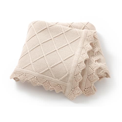 Hadetoto 100% Organic Cotton Baby Blanket for Boys Girls, 31.5x40 Inches | Cable Knit Receiving, Soft Breathable, Swaddling Wrap, Unisex Newborn, Light Camel