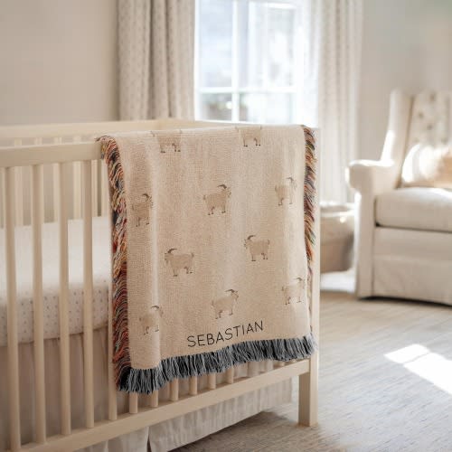 Personalized Goat Baby Blanket, Custom Name Farm Animal Nursery Throw, Baby Shower Gift, Goat Lover Kids Room Decor for Boy or Girl